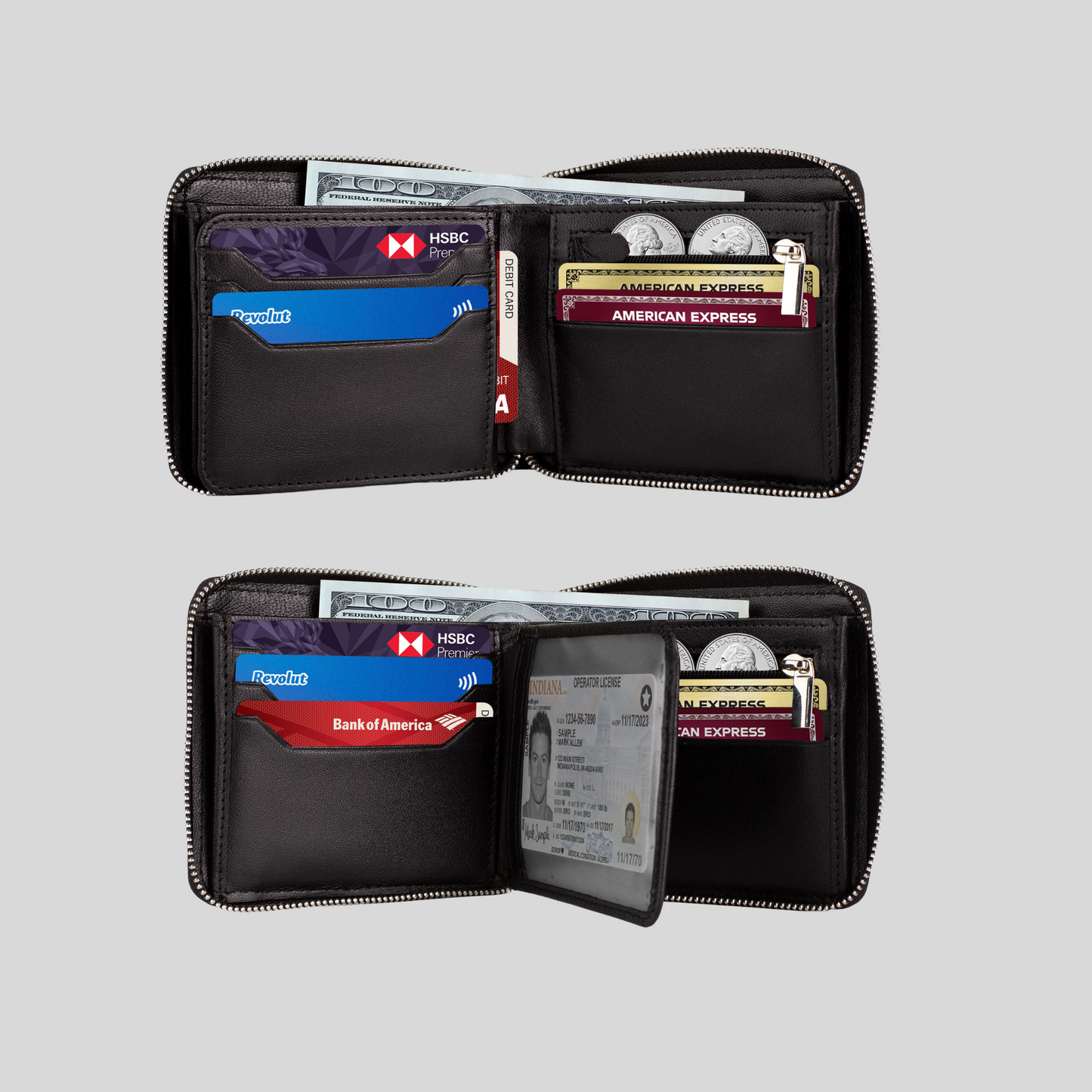 Genuine Leather Zip Around Bifold Wallet