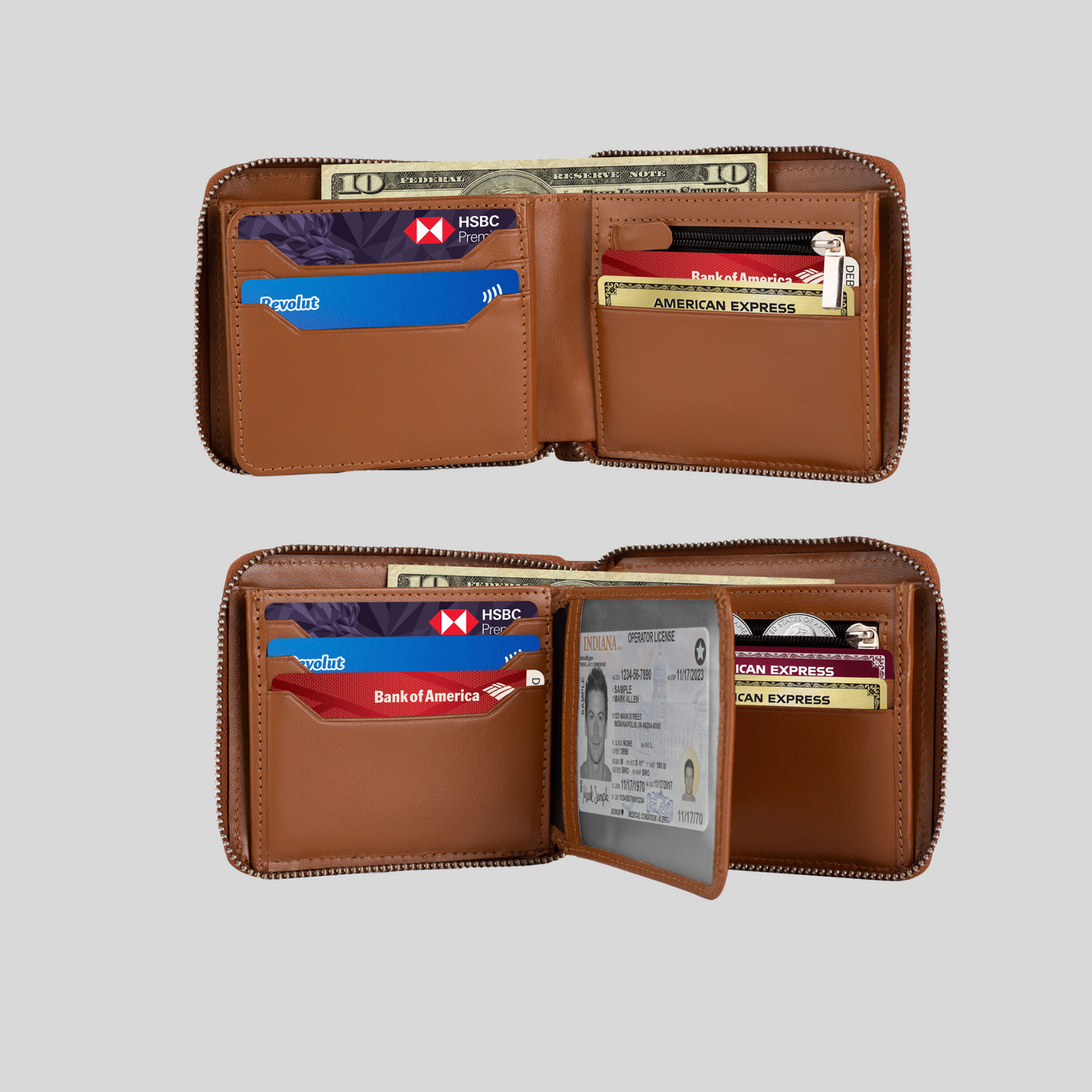 Genuine Leather Zip Around Bifold Wallet