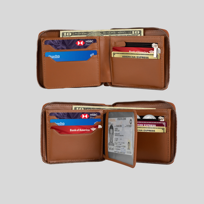 Genuine Leather Zip Around Bifold Wallet